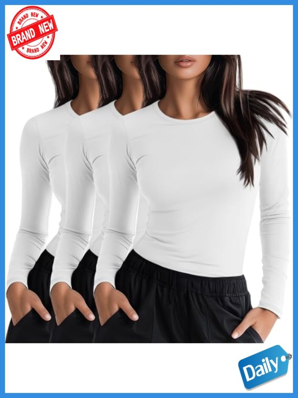 3pk Women's Long Sleeve Underscrub Shirts Crew Neck Fitted Cotton Blend